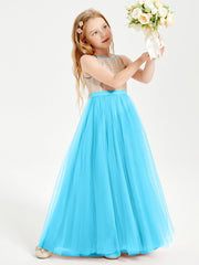 Abito Damigella Junior Lungo Top Con Paillettes Gonna In Tulle Blu Piscina