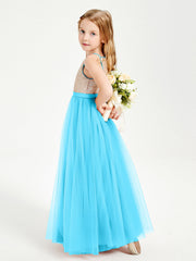 Abito Damigella Junior Lungo Top Con Paillettes Gonna In Tulle Blu Piscina