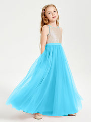 Abito Damigella Junior Lungo Top Con Paillettes Gonna In Tulle Blu Piscina