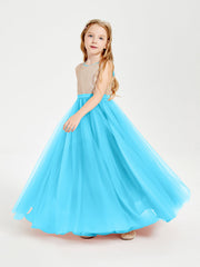 Abito Damigella Junior Lungo Top Con Paillettes Gonna In Tulle Blu Piscina
