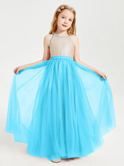 Abito Damigella Junior Lungo Top Con Paillettes Gonna In Tulle Blu Piscina