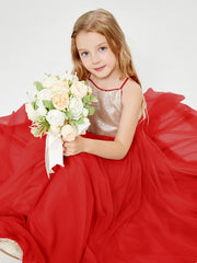 Abito Damigella Junior Lungo Top Con Paillettes Gonna In Tulle Rosso