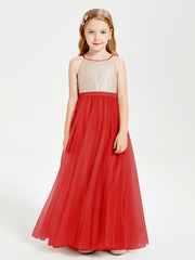 Abito Damigella Junior Lungo Top Con Paillettes Gonna In Tulle Rosso