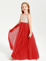 Abito Damigella Junior Lungo Top Con Paillettes Gonna In Tulle Rosso