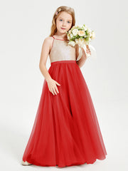 Abito Damigella Junior Lungo Top Con Paillettes Gonna In Tulle Rosso