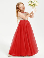 Abito Damigella Junior Lungo Top Con Paillettes Gonna In Tulle Rosso