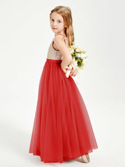 Abito Damigella Junior Lungo Top Con Paillettes Gonna In Tulle Rosso