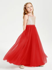 Abito Damigella Junior Lungo Top Con Paillettes Gonna In Tulle Rosso