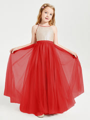 Abito Damigella Junior Lungo Top Con Paillettes Gonna In Tulle Rosso