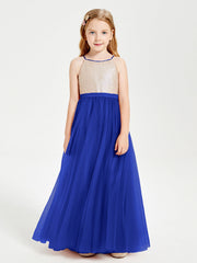 Abito Damigella Junior Lungo Top Con Paillettes Gonna In Tulle Blu Royal