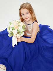 Abito Damigella Junior Lungo Top Con Paillettes Gonna In Tulle Blu Royal