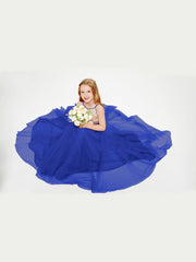 Abito Damigella Junior Lungo Top Con Paillettes Gonna In Tulle Blu Royal