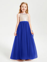 Abito Damigella Junior Lungo Top Con Paillettes Gonna In Tulle Blu Royal