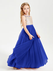 Abito Damigella Junior Lungo Top Con Paillettes Gonna In Tulle Blu Royal