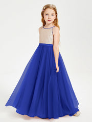 Abito Damigella Junior Lungo Top Con Paillettes Gonna In Tulle Blu Royal