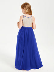 Abito Damigella Junior Lungo Top Con Paillettes Gonna In Tulle Blu Royal