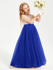 Abito Damigella Junior Lungo Top Con Paillettes Gonna In Tulle Blu Royal