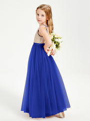 Abito Damigella Junior Lungo Top Con Paillettes Gonna In Tulle Blu Royal