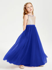 Abito Damigella Junior Lungo Top Con Paillettes Gonna In Tulle Blu Royal