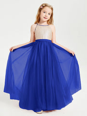 Abito Damigella Junior Lungo Top Con Paillettes Gonna In Tulle Blu Royal
