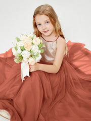 Abito Damigella Junior Lungo Top Con Paillettes Gonna In Tulle Ruggine