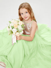 Abito Damigella Junior Lungo Top Con Paillettes Gonna In Tulle Salvia