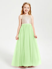 Abito Damigella Junior Lungo Top Con Paillettes Gonna In Tulle Salvia