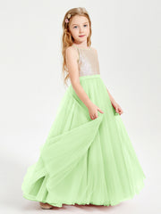 Abito Damigella Junior Lungo Top Con Paillettes Gonna In Tulle Salvia