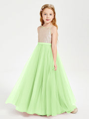 Abito Damigella Junior Lungo Top Con Paillettes Gonna In Tulle Salvia