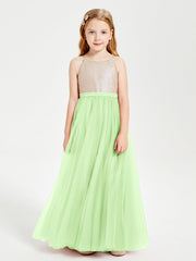 Abito Damigella Junior Lungo Top Con Paillettes Gonna In Tulle Salvia