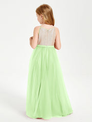 Abito Damigella Junior Lungo Top Con Paillettes Gonna In Tulle Salvia