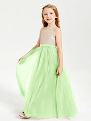 Abito Damigella Junior Lungo Top Con Paillettes Gonna In Tulle Salvia