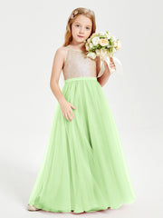 Abito Damigella Junior Lungo Top Con Paillettes Gonna In Tulle Salvia