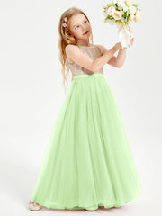 Abito Damigella Junior Lungo Top Con Paillettes Gonna In Tulle Salvia