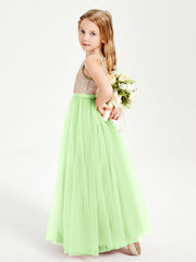 Abito Damigella Junior Lungo Top Con Paillettes Gonna In Tulle Salvia