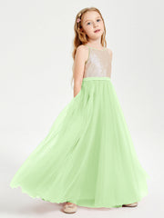 Abito Damigella Junior Lungo Top Con Paillettes Gonna In Tulle Salvia