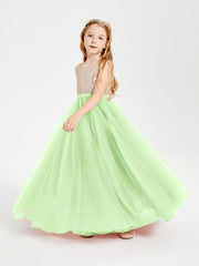 Abito Damigella Junior Lungo Top Con Paillettes Gonna In Tulle Salvia