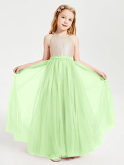Abito Damigella Junior Lungo Top Con Paillettes Gonna In Tulle Salvia