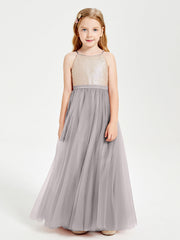 Abito Damigella Junior Lungo Top Con Paillettes Gonna In Tulle Argento