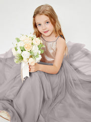 Abito Damigella Junior Lungo Top Con Paillettes Gonna In Tulle Argento