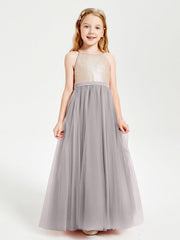 Abito Damigella Junior Lungo Top Con Paillettes Gonna In Tulle Argento