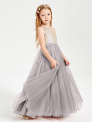 Abito Damigella Junior Lungo Top Con Paillettes Gonna In Tulle Argento