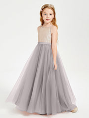 Abito Damigella Junior Lungo Top Con Paillettes Gonna In Tulle Argento