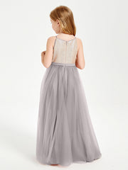 Abito Damigella Junior Lungo Top Con Paillettes Gonna In Tulle Argento
