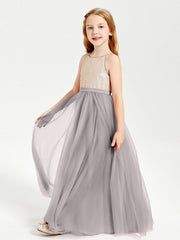 Abito Damigella Junior Lungo Top Con Paillettes Gonna In Tulle Argento