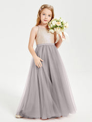 Abito Damigella Junior Lungo Top Con Paillettes Gonna In Tulle Argento