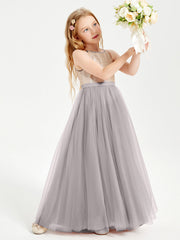 Abito Damigella Junior Lungo Top Con Paillettes Gonna In Tulle Argento