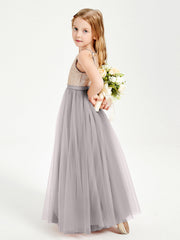 Abito Damigella Junior Lungo Top Con Paillettes Gonna In Tulle Argento