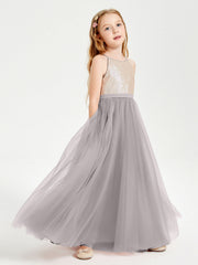 Abito Damigella Junior Lungo Top Con Paillettes Gonna In Tulle Argento