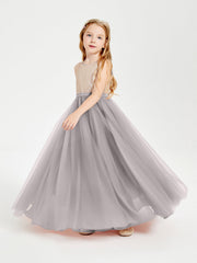 Abito Damigella Junior Lungo Top Con Paillettes Gonna In Tulle Argento
